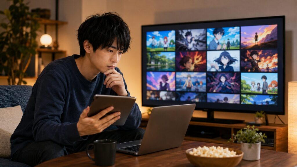 ケロロ軍曹のアニメ配信サービスを比較する日本人男性
