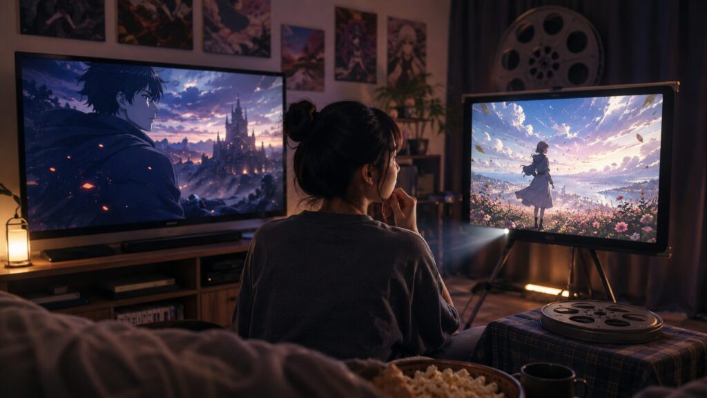 劇場版とテレビアニメのどちらを先に見るか迷う日本人女性が、複数の画面を見比べている様子