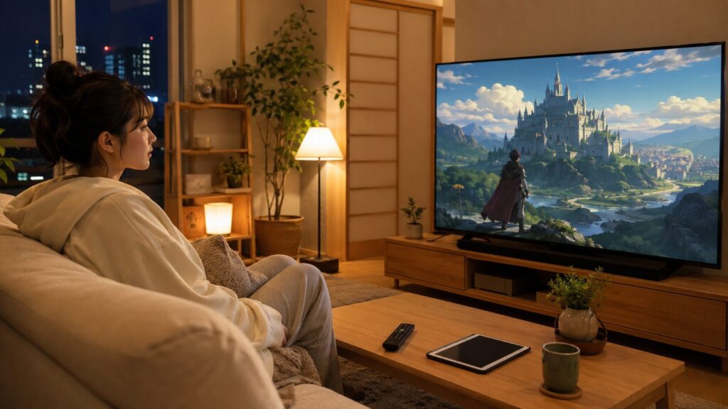 LV999の村人のアニメを自宅のテレビで視聴する日本人女性
