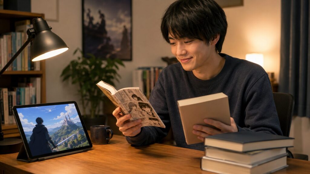 LV999の村人のアニメ視聴後に漫画と小説を読む日本人男性
