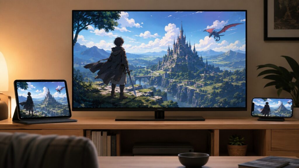 LV999の村人のアニメをテレビやスマホで視聴するイメージ