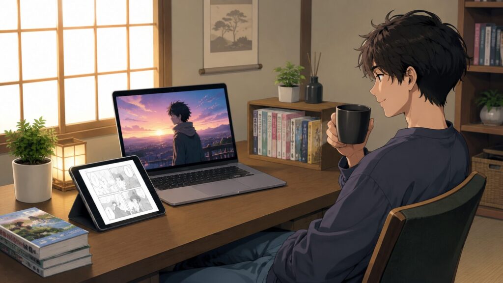 日本人男性がノートパソコンでアニメを視聴しながら、タブレットで漫画や原作を読んでいる様子