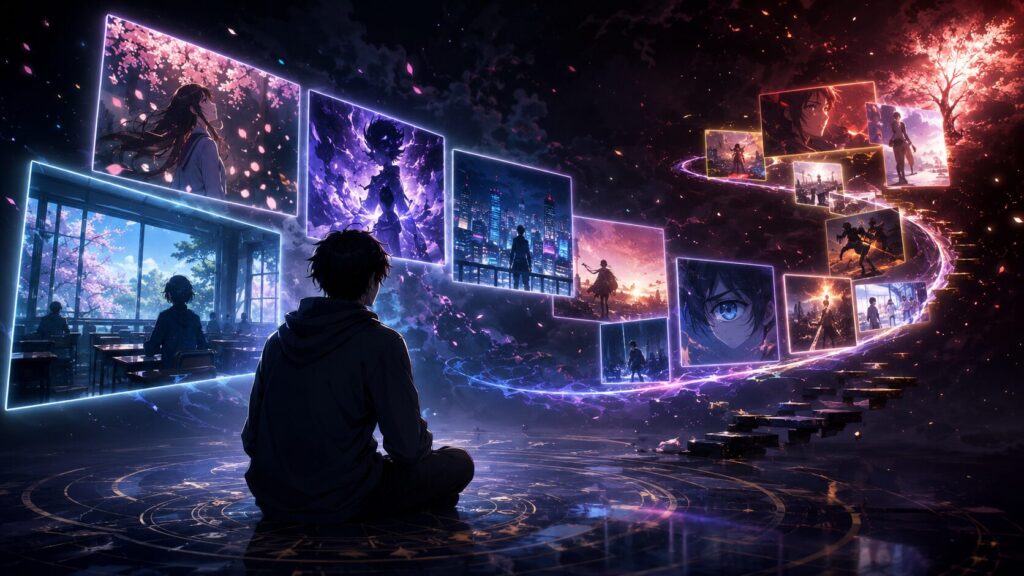 物語シリーズの時系列順を象徴するように、幻想的な空間で複数のアニメ場面が流れるイメージ