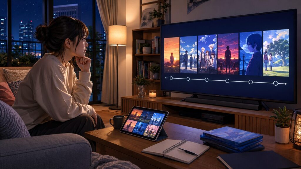 物語シリーズのアニメ視聴順を確認する日本人女性が、テレビ画面の時系列イメージを見比べている様子