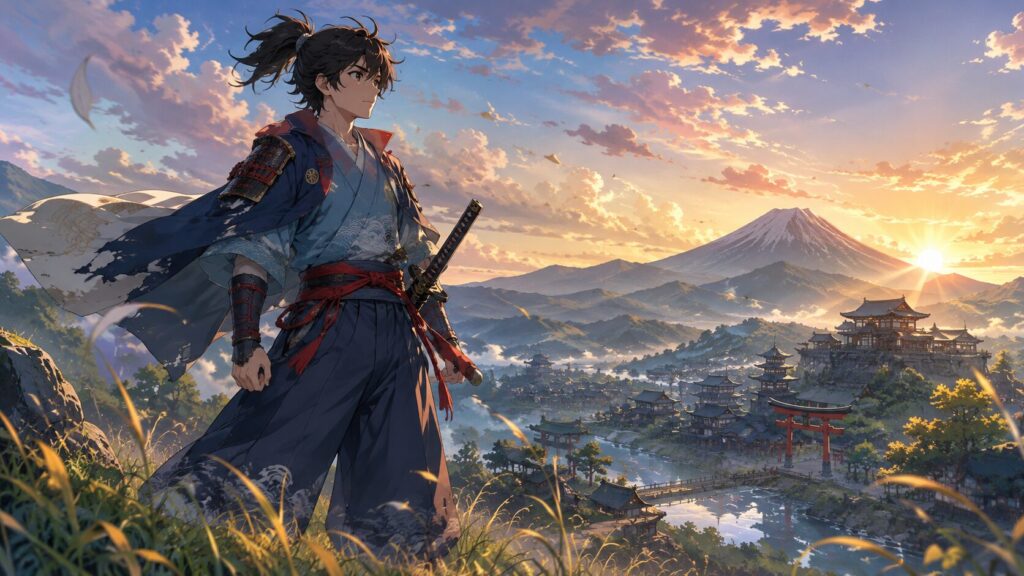 中世日本の山里を望む若武者のアニメ風イメージ