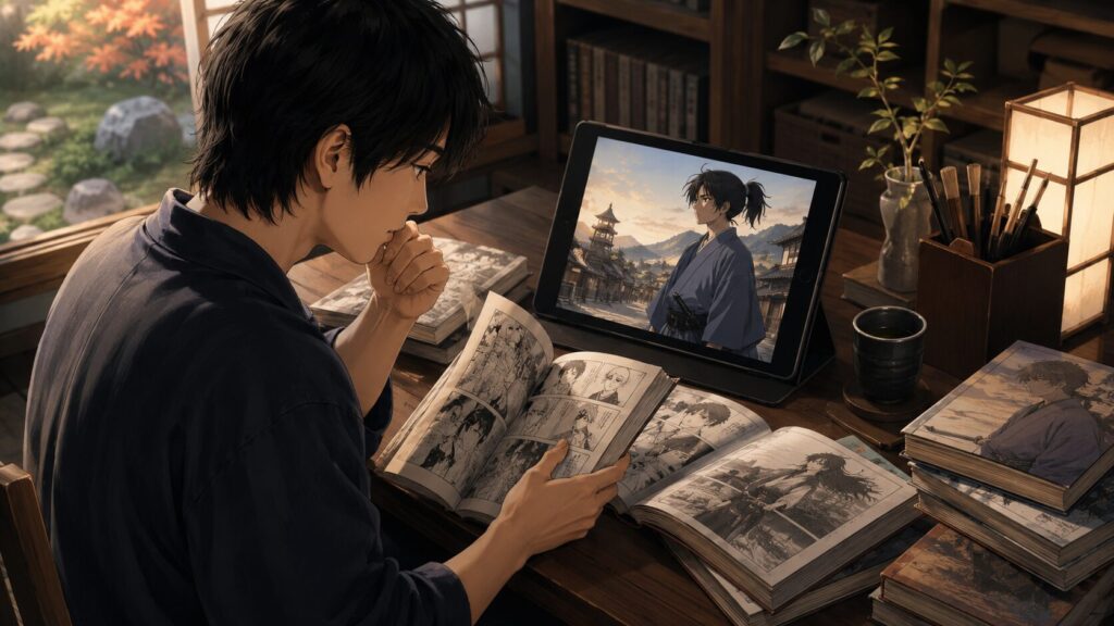 タブレットのアニメと漫画を見比べながら続きを読む日本人男性