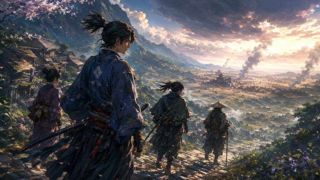 山里から戦場へ向かう若武者と仲間たちのアニメ風イメージ
