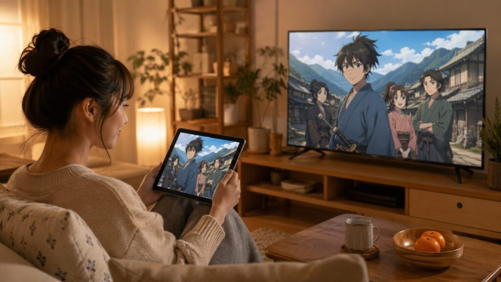 自宅のテレビとタブレットで歴史アニメを見る日本人女性