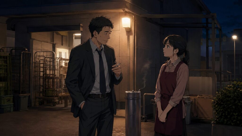 夜のスーパー裏で会話する会社員男性と女性店員