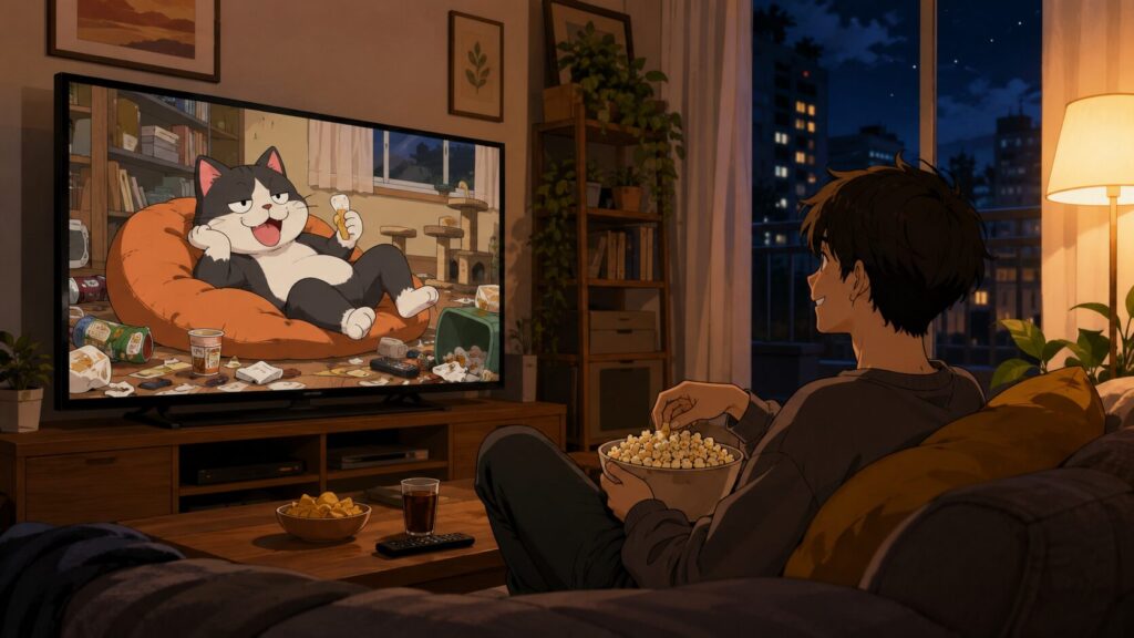 ヤニねこ風の猫アニメを自宅のテレビで楽しむ日本人男性