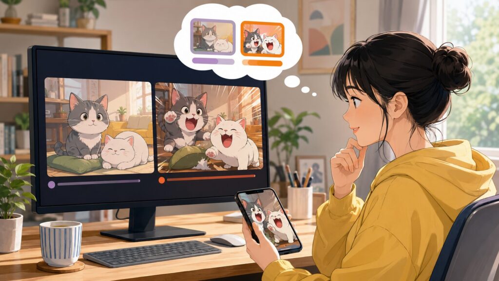 ヤニねこアニメのオンエア版と別バージョンを比較する女性