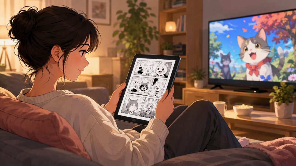 ヤニねこアニメ視聴後に原作漫画をタブレットで読む女性