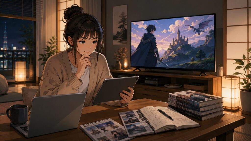 黄泉のツガイのアニメ配信先と原作範囲を調べる日本人女性