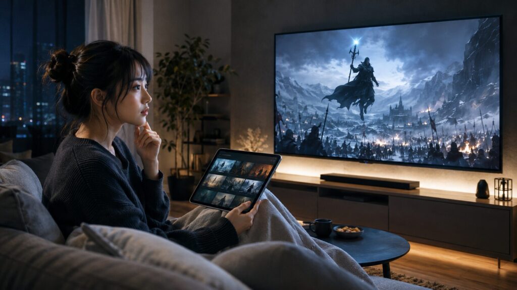 動画配信サービスで軍事ファンタジーアニメを視聴する日本人女性