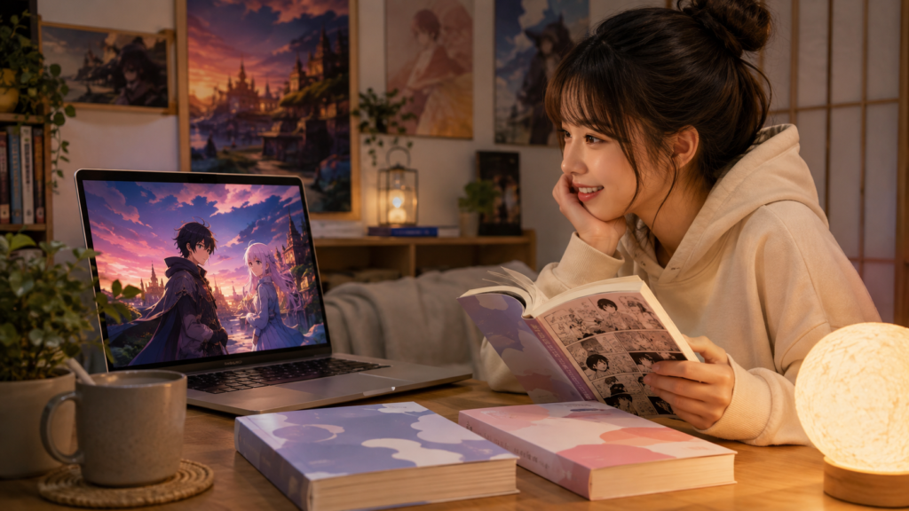 アニメを見ながら漫画や原作を楽しむ日本人女性