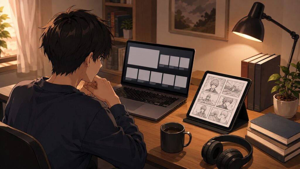 動画配信でアニメを見た後に原作漫画を読む男性