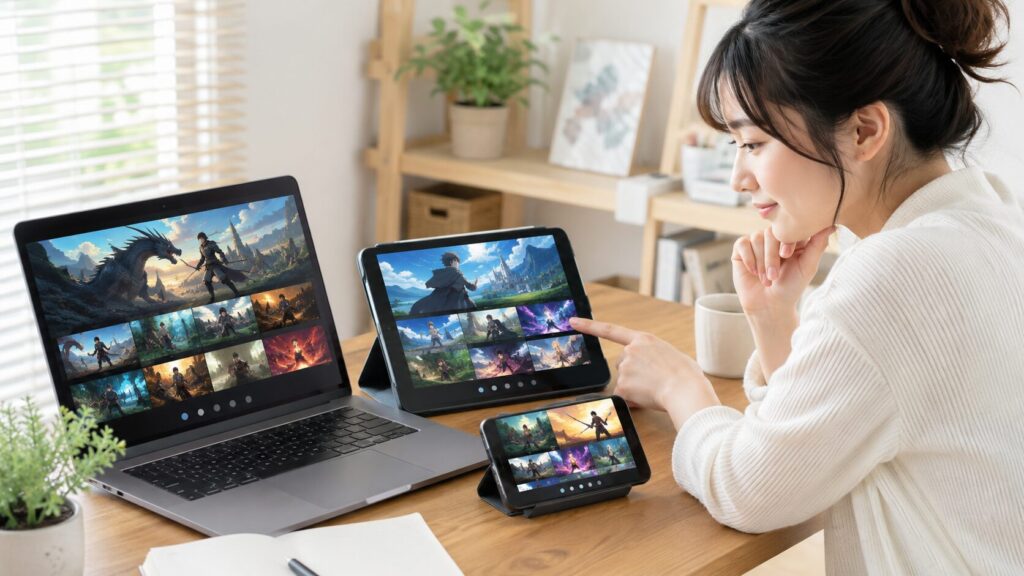 複数端末でアニメ配信サービスを比較する日本人女性