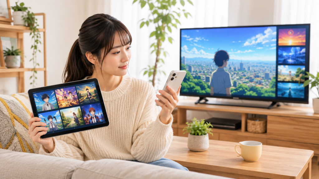 アニメ配信サービスを複数端末で比較する日本人女性