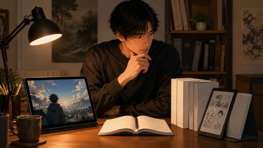 ビースターズのアニメと原作漫画をタブレットで比較する男性