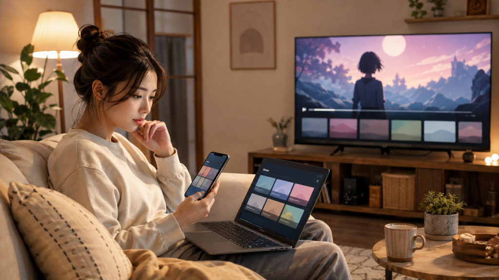 ビースターズのアニメ配信サービスをスマホとパソコンで比較する女性