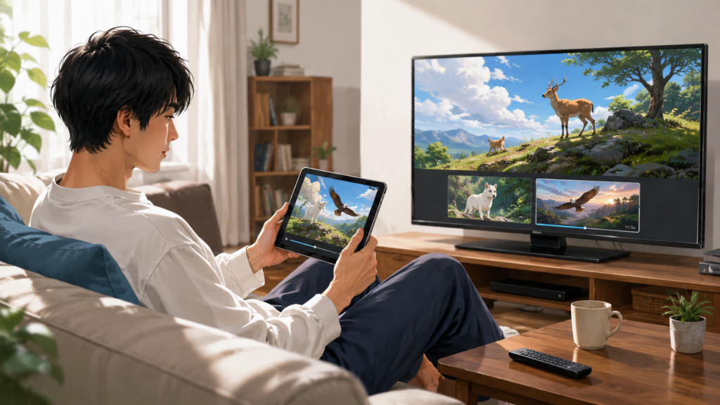 ビースターズ第1期と第2期を自宅のテレビとタブレットで視聴する男性