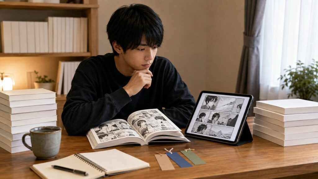 僕の心のヤバイやつのアニメの続きに当たる原作漫画を調べる日本人男性