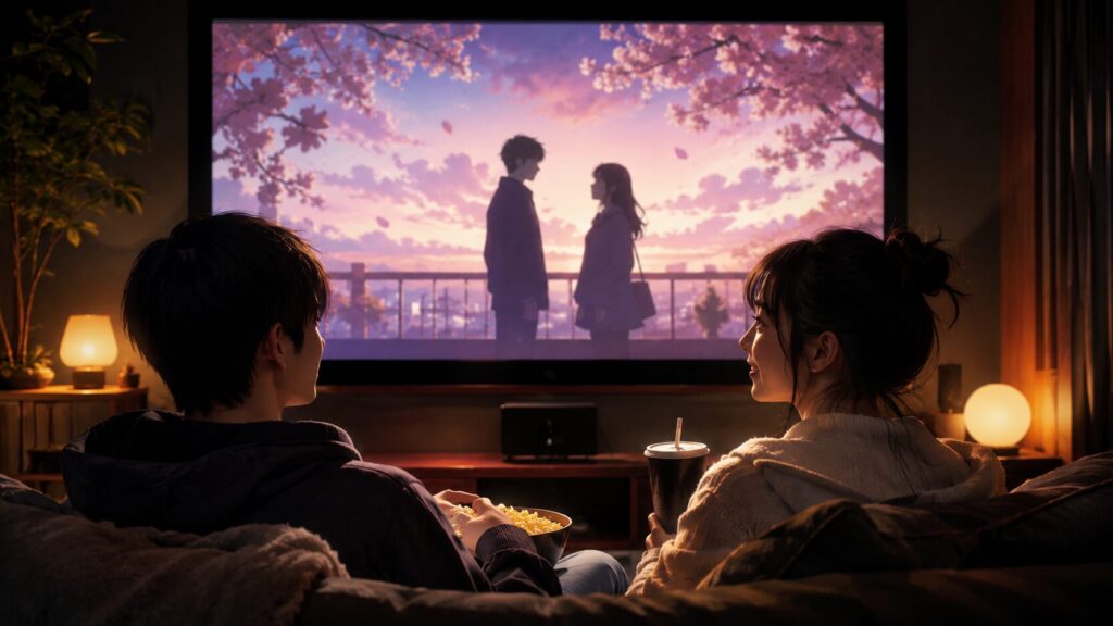 自宅の大画面で恋愛アニメの劇場版を楽しむ日本人の男女