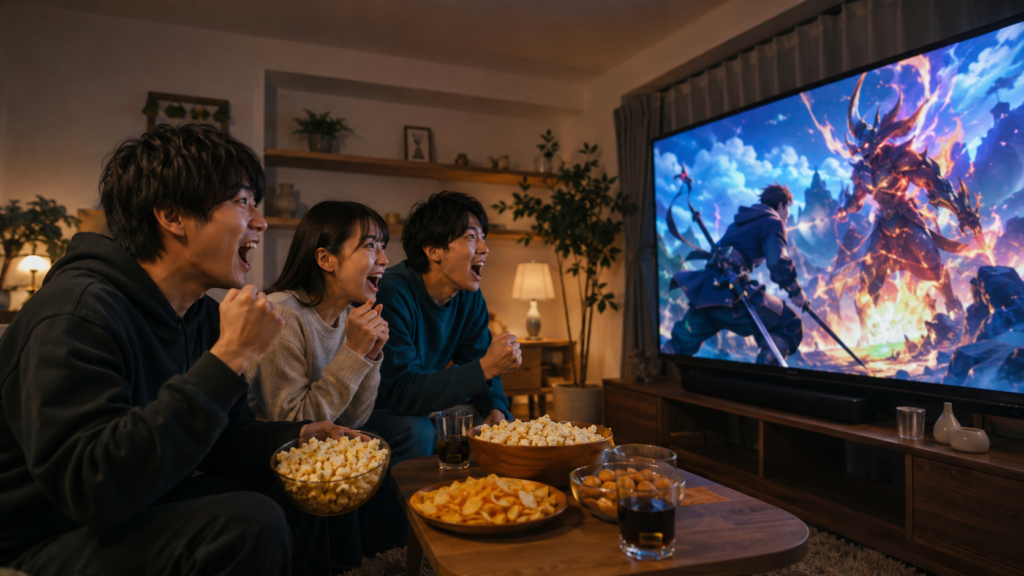テレビで迫力あるアニメのバトルを楽しむ日本人の友人グループ