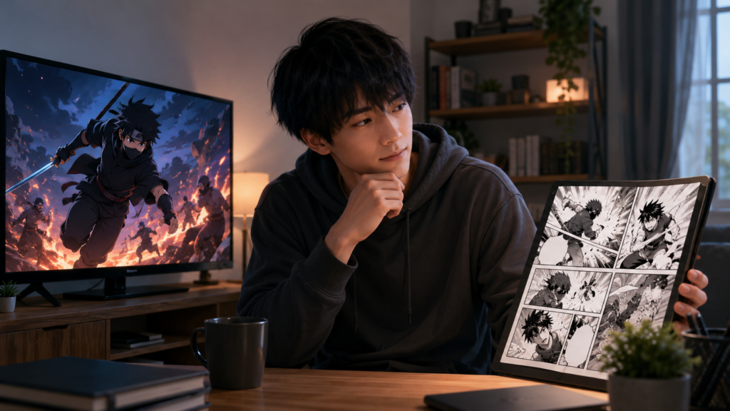 BORUTOのアニメと原作漫画を比較して視聴方法を選ぶ男性