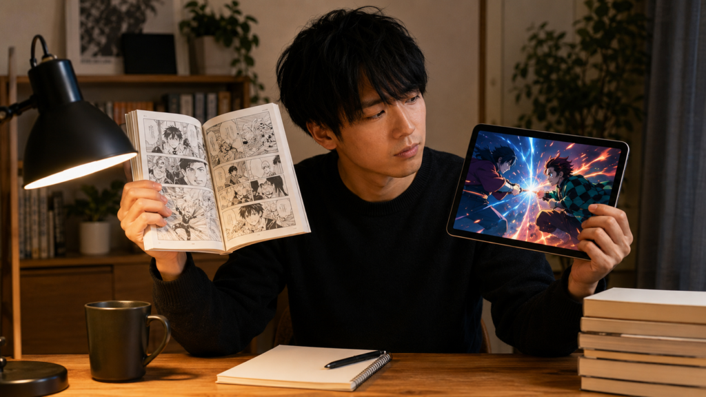漫画本とアニメ映像を見比べる日本人男性