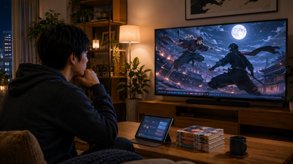 自宅のテレビで忍者アニメを視聴する日本人男性のイメージ