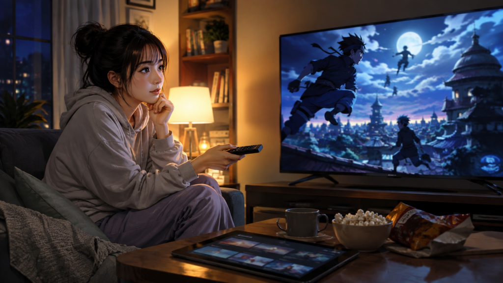 BORUTOの見るべき話数を探しながらアニメを視聴する女性のイメージ
