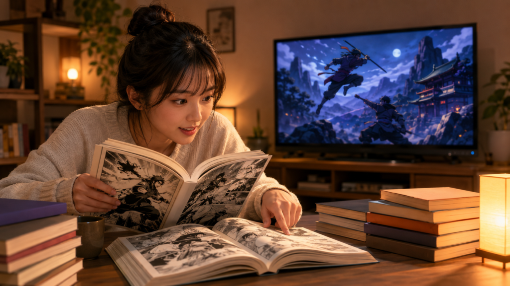 BORUTOの原作漫画とアニメ版の違いを見比べる日本人女性
