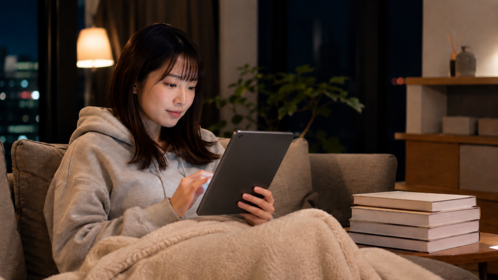 夜のリビングでタブレットの漫画を読む日本人女性
