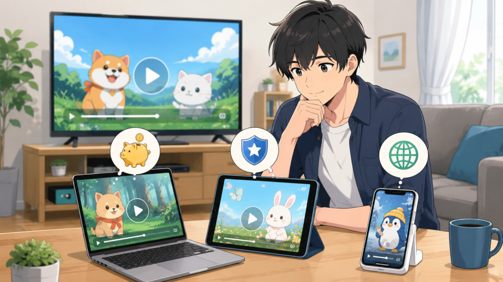 ちいかわアニメをどこで見れるか複数の動画配信端末で比較する日本人男性
