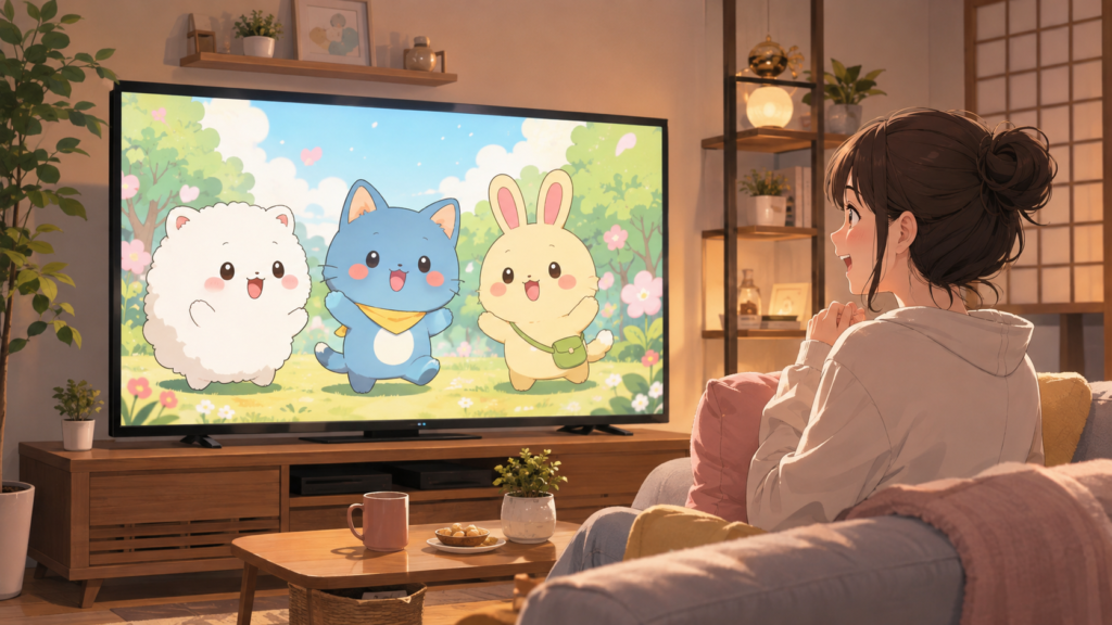ちいかわのアニメ視聴をイメージしたテレビでかわいいキャラクター作品を見る日本人女性