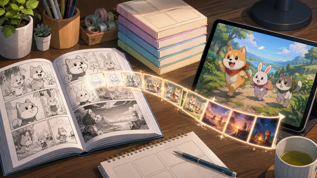 ちいかわの原作漫画とアニメ化の関係をイメージした漫画本とタブレット