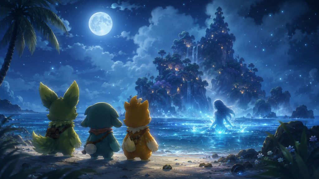 ちいかわ映画のセイレーン編をイメージした月夜の島と幻想的な海