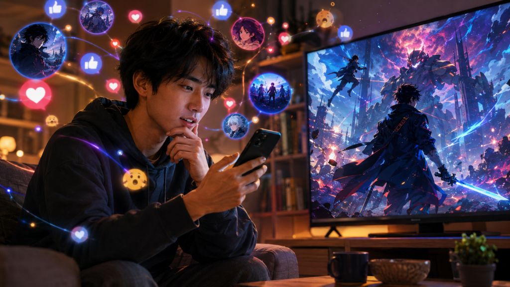 SNSで話題の今期アニメをスマホでチェックする男性