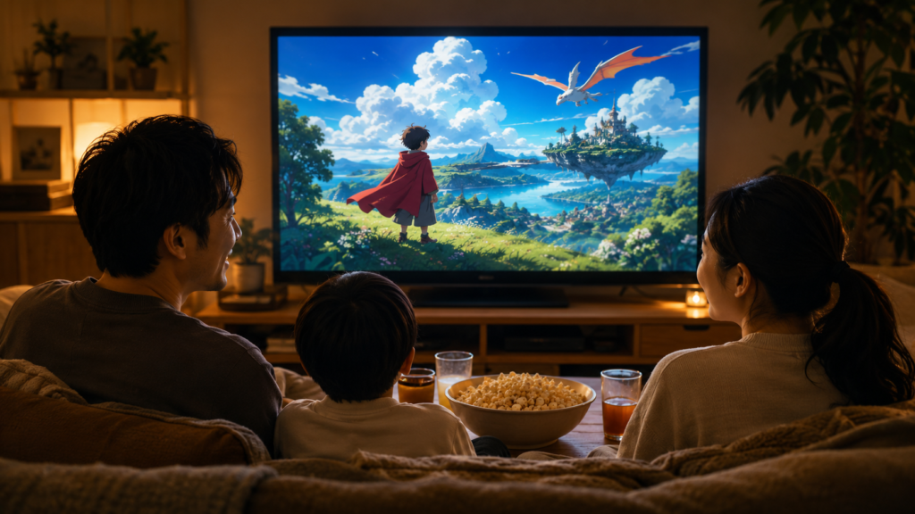 家族でテレビのアニメ映画を楽しむ日本人親子