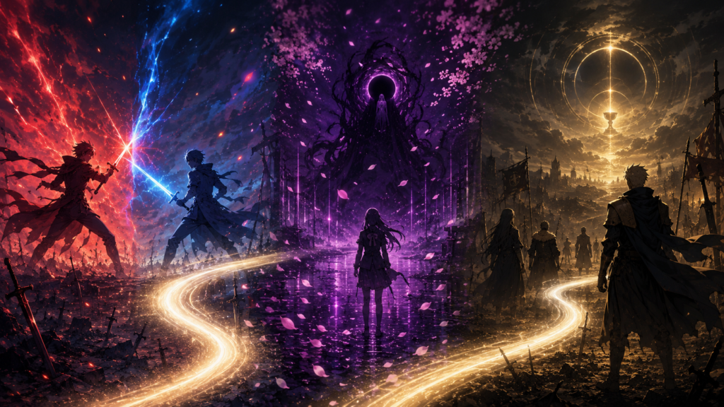 Fateアニメのおすすめ視聴順を3つの幻想的な世界と光の道で表したイメージ