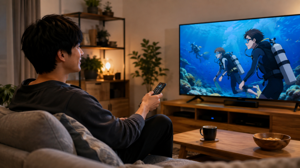 自宅のテレビでダイビングアニメを楽しむ日本人男性