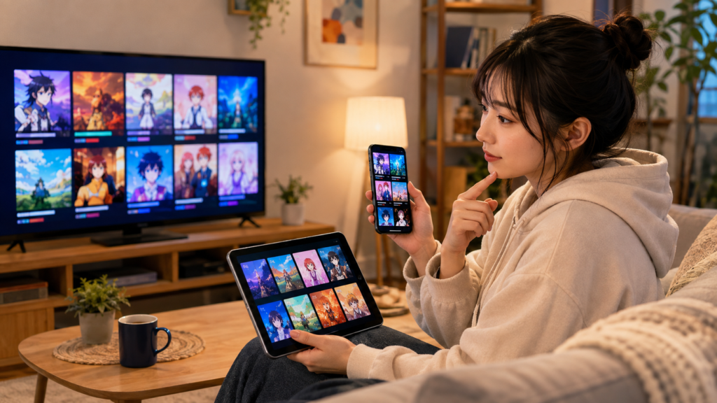 ヘタリアアニメの配信サービスをテレビやスマホで比較する女性