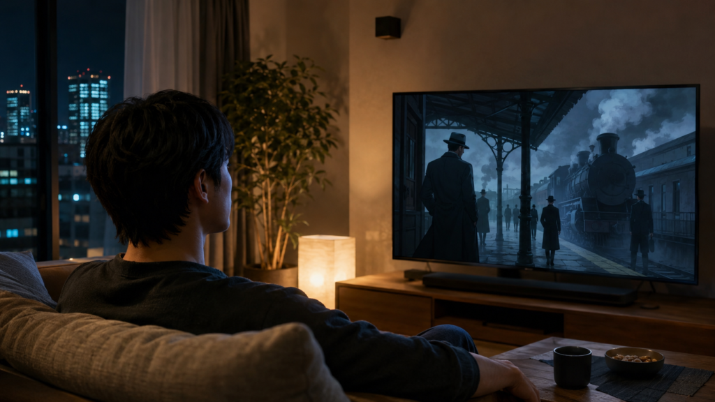 ジョーカーゲームのアニメ配信を自宅のテレビで楽しむ日本人男性のイメージ