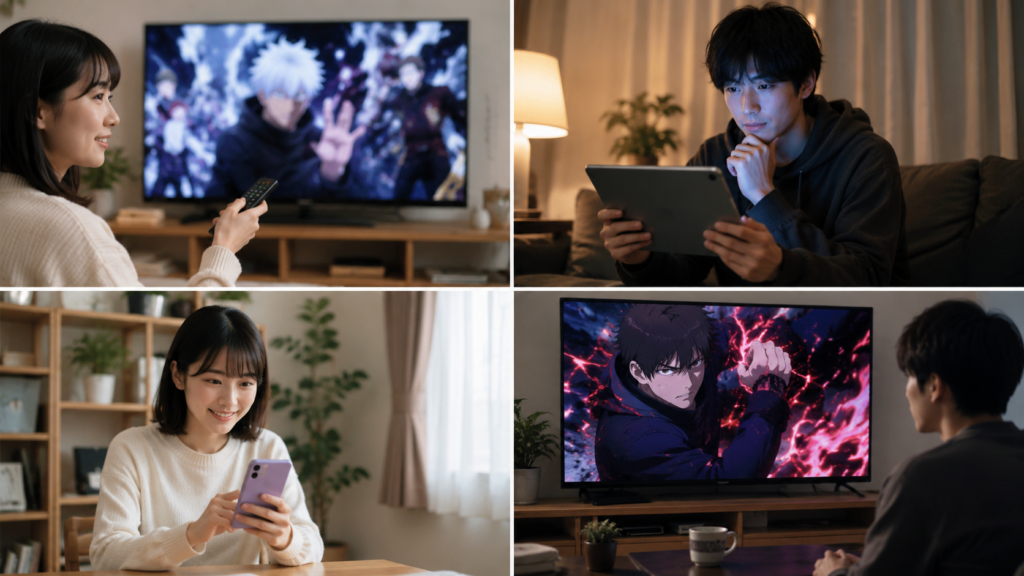 呪術廻戦アニメ3期の前に過去シリーズをテレビやタブレットで復習する様子