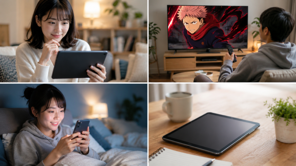 呪術廻戦アニメ3期をテレビやタブレットなどで視聴するイメージ