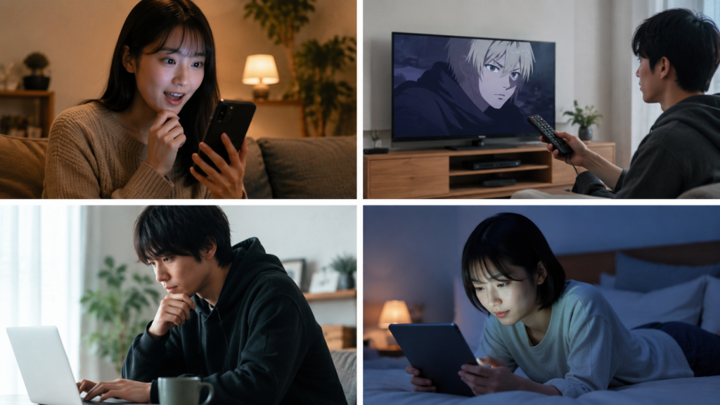 呪術廻戦アニメ3期の配信サービスをスマホやパソコンで確認する様子