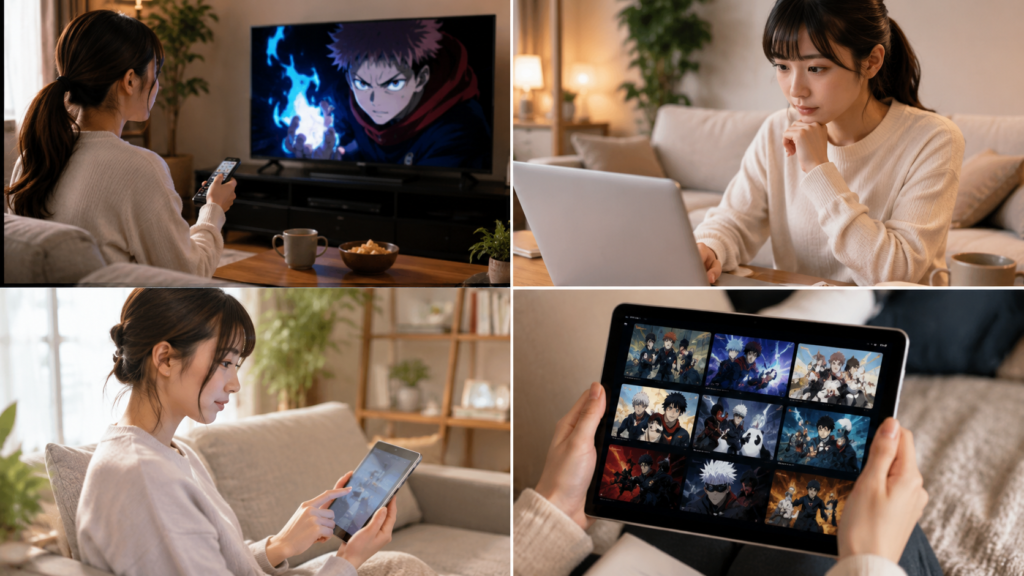 呪術廻戦の過去シリーズとアニメ3期を動画配信で探して視聴するイメージ