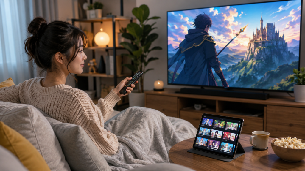 モブせかを動画配信サービスで自宅視聴する日本人女性のイメージ