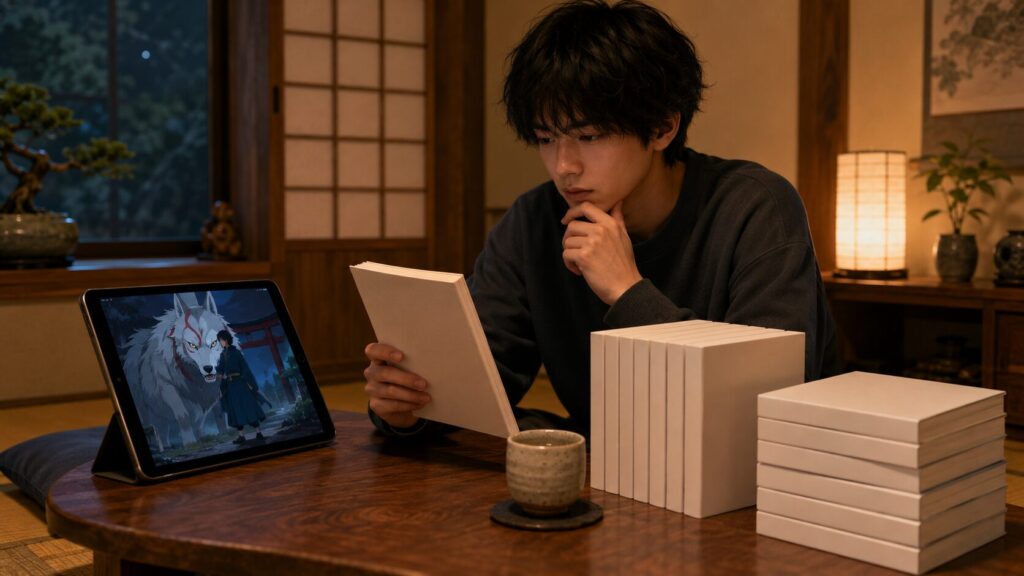 妖怪アニメの続きとなる原作漫画を確認する日本人男性
